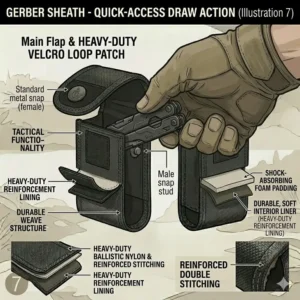 Illustration of a hand quickly drawing a multi-tool from a gerber sheath mounted on a utility belt.