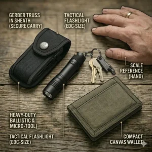 An overhead view of a Gerber Truss in its gerber truss sheath alongside other EDC gear like a flashlight and keychain.