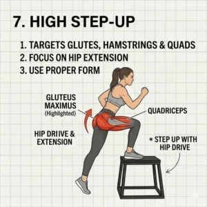 High step-up exercise with hip drive to finish a powerful glute focused leg workout.