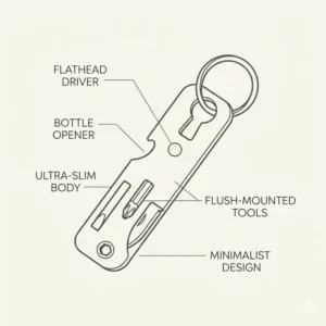 A clean, minimalist line art illustration of a slim keychain tool kit designed for pocket comfort and lightweight carry.