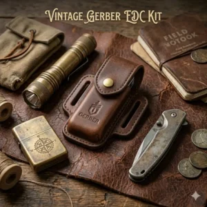 Illustration 7: A vintage lifestyle arrangement of an EDC kit featuring a distressed gerber leather sheath.