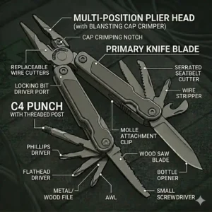 Alt Text 8 (Illustration 7): Size comparison of a compact eod multi tool alongside standard tactical everyday carry gear and mission essentials.