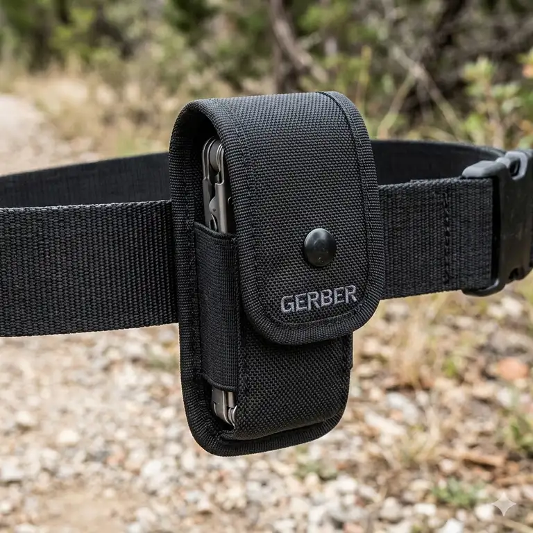 A heavy-duty black nylon gerber multitool pouch attached to a tactical belt.