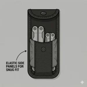 Diagram of a gerber multitool pouch with elastic side walls for a snug fit.