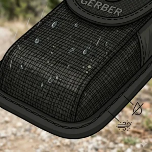 Close-up illustration of the weather-resistant ballistic nylon used in a gerber multitool pouch.