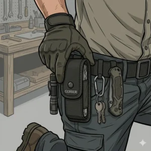 Illustration of a gerber multitool pouch as part of an everyday carry (EDC) kit.