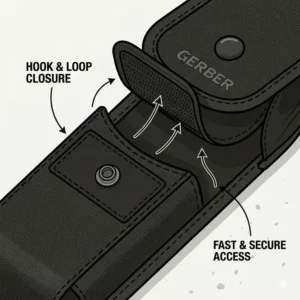Detailed view of the secure hook-and-loop closure on a gerber multitool pouch sheath.
