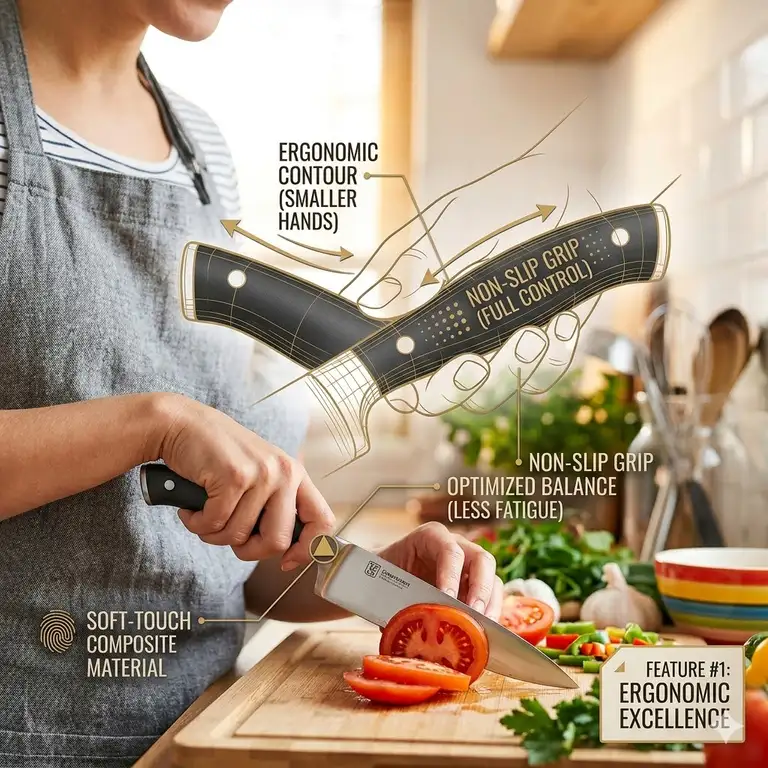 Professional chef showcasing a collection of high-quality kitchen tools to find the best knife for woman with smaller hands.