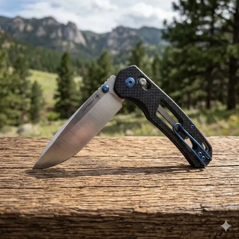 A premium lightweight knife with a carbon fiber handle resting on a wooden surface, showing its sleek and portable design.