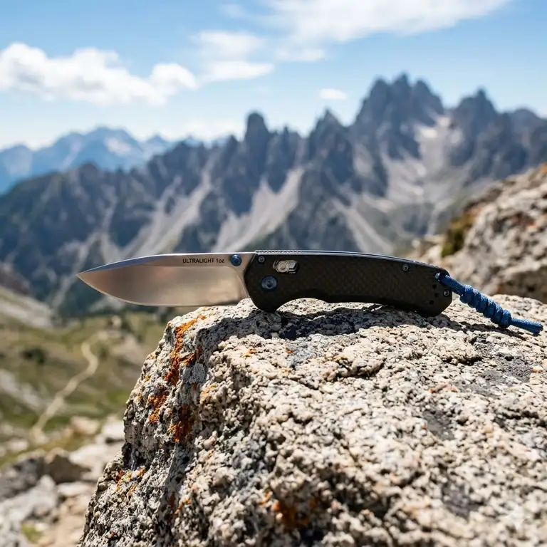 Featured Image: A premium carbon fiber ultralight knife resting on a rock with a scenic mountain background for backpacking.