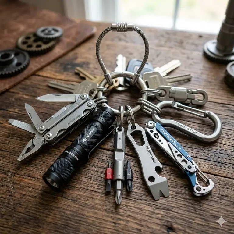 Featured Image: A curated collection of professional key chain tools including a mini multitool, pry bar, and LED flashlight on a heavy-duty keyring.