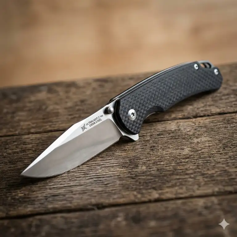 A professional hero shot of a light weight folding knife with a carbon fiber handle open on a wooden surface.