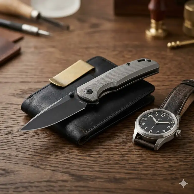 A premium collection of unique edc knives for the modern gentleman on a wooden desk with a watch and wallet.