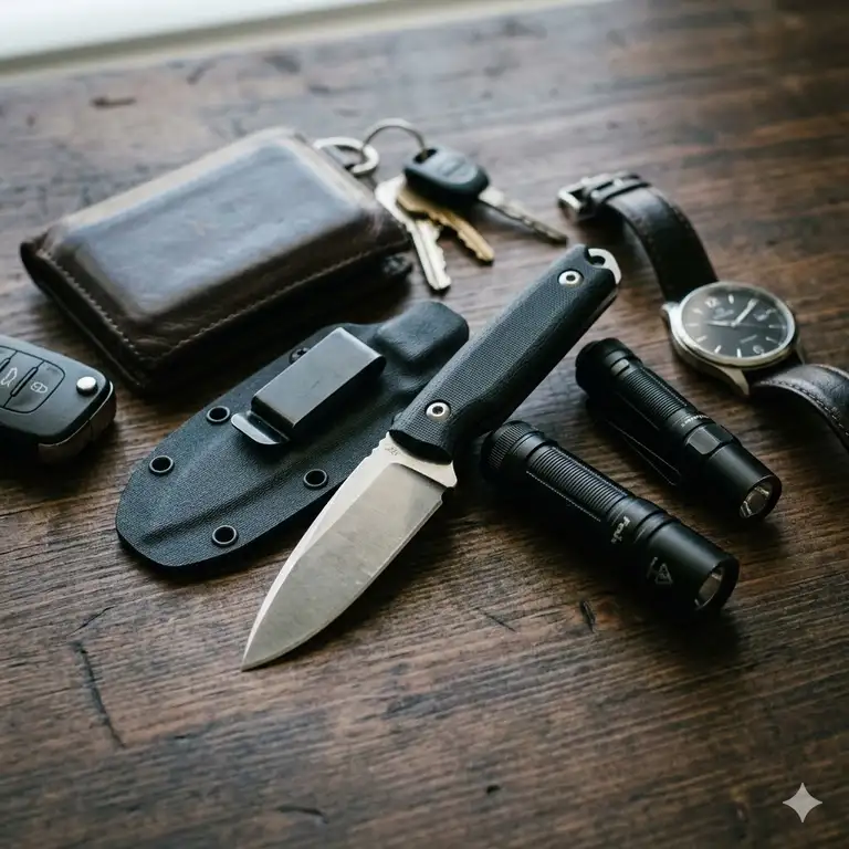A professional showcase of a premium fixed blade knife edc integrated into a daily carry kit.