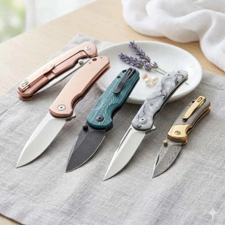 A professional showcase of high-quality and elegant knives for ladies featuring rose gold accents.