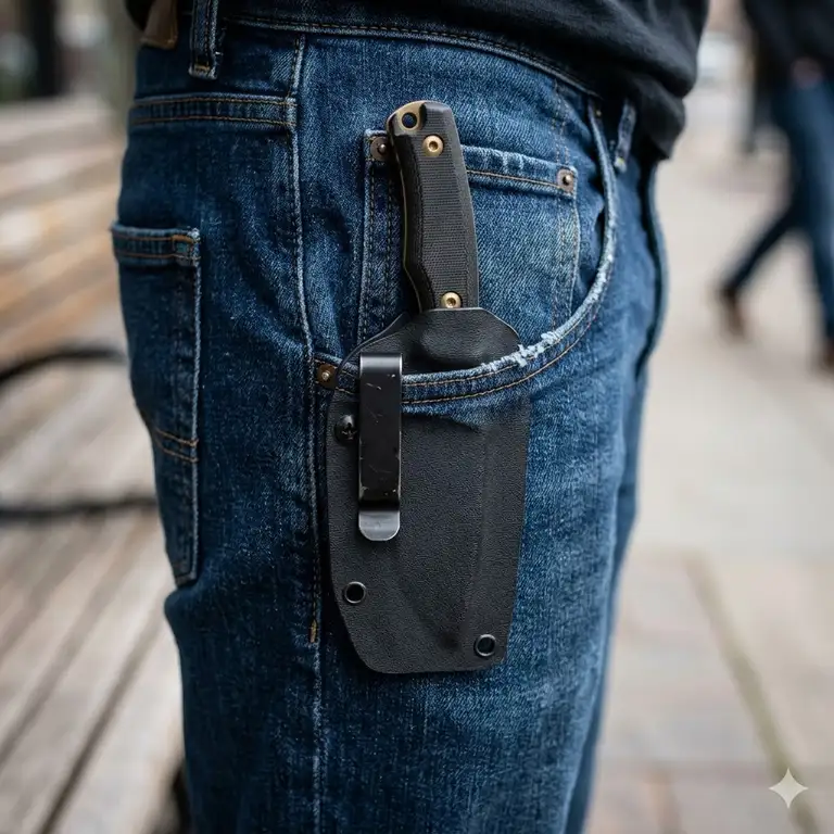 A professional demonstration of a compact edc fixed blade pocket carry setup in a front jeans pocket.