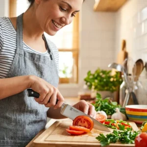 An illustration highlighting an ergonomic handle design on a chef's knife providing the best knife for woman comfort.