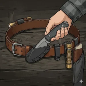 Illustration showing the horizontal scout carry method for a fixed blade edc on a belt.