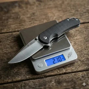 A digital scale measuring the exact weight of a light weight folding knife in ounces.