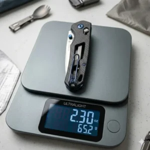 A comparison chart of lightweight knife materials including titanium, G10, and FRN to show weight-to-strength ratios.