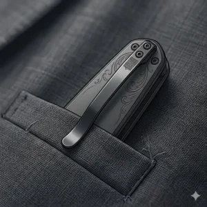 Close-up of an engraved pocket clip on unique edc knives for the modern gentleman.