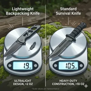 A digital scale showing the weight in ounces of a lightweight backpacking knife versus a heavy standard survival knife.