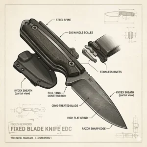 Detailed technical diagram showing the parts and construction of a fixed blade knife edc.
