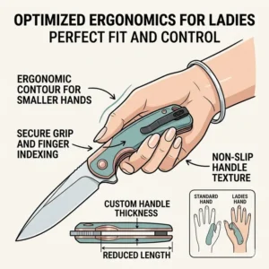 Diagram illustrating the ergonomic handle design and secure grip of knives for ladies for smaller hands.