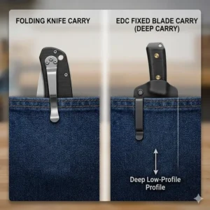 A side-by-side comparison showing the deep concealment of an edc fixed blade pocket carry versus a folder.