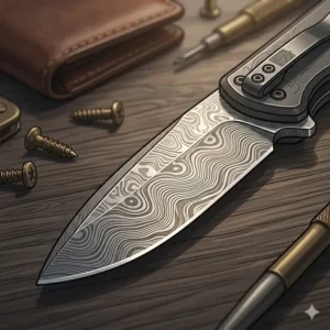 Detailed Damascus steel pattern on one of the best unique edc knives for the modern gentleman.