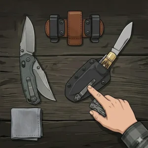 A side-by-side size comparison between a compact fixed blade edc and a folding pocket knife.