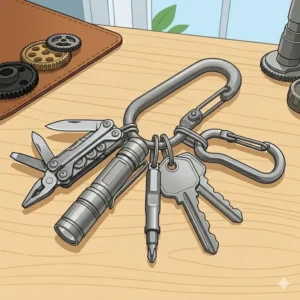 Illustration 2: Minimalist everyday carry EDC setup with a titanium carabiner and essential key chain tools.