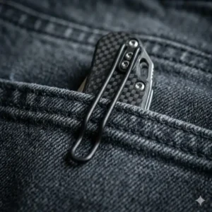 Close-up of a light weight folding knife deep-carry pocket clip attached to denim fabric.