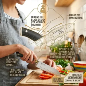 A weight comparison diagram featuring a lightweight santoku as the best knife for woman home cooks.