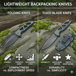A detailed diagram illustrating the differences between stainless steel and carbon steel for lightweight backpacking knife durability.