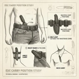 Illustration of various carry methods for a fixed blade knife edc including scout and belt carry.