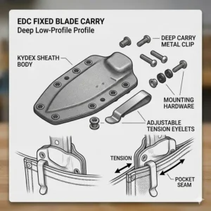 Detailed view of a custom Kydex sheath designed specifically for secure edc fixed blade pocket carry.