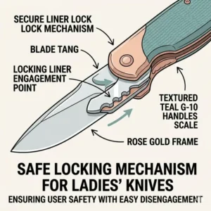 Detailed technical drawing of the safe liner lock mechanism used in premium knives for ladies.