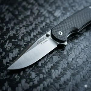 Detailed view of the premium steel blade on a light weight folding knife showing laser engravings.