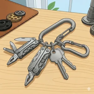 Illustration 3: A small silver utility pocket knife attached to a ring for quick access to key chain tools.