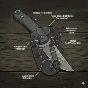 Detailed diagram of a Kydex sheath designed for secure fixed blade edc retention.