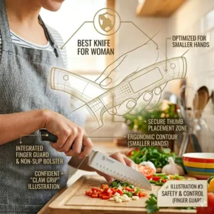 Illustration of a knife with a built-in finger guard and non-slip bolster making it the best knife for woman safety.