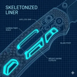 Technical illustration of a lightweight knife with skeletonized steel liners to reduce overall carry weight without sacrificing strength.
