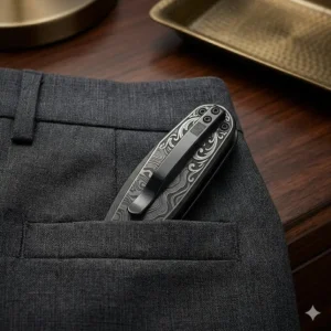 A slim profile knife showing how unique edc knives for the modern gentleman fit perfectly in a suit pocket.