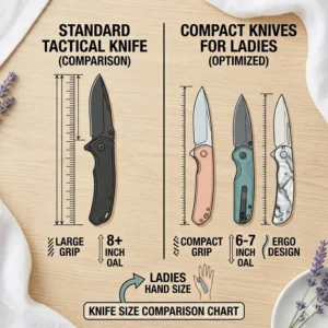 Comparison chart showing the compact dimensions of specialized knives for ladies versus standard tools.