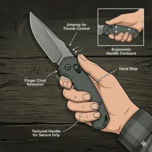 Illustration of hand ergonomics and grip security on a small fixed blade edc knife.