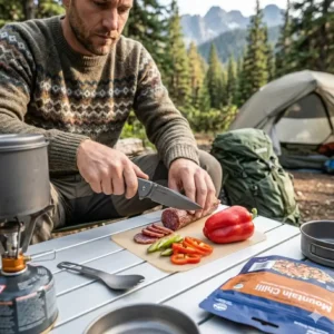 A hiker using a sharp lightweight backpacking knife to slice vegetables and dried meats at a backcountry campsite.