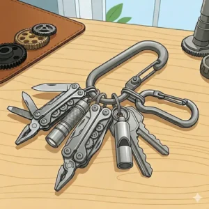 Illustration 4: Emergency key chain tools including a high-lumen micro LED flashlight and a survival whistle for safety.