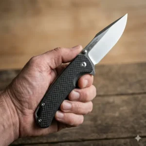 A hand gripping a light weight folding knife to demonstrate its ergonomic handle design.
