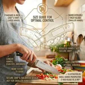 A visual size guide showing why a 7-inch blade is often the best knife for woman users with small hands.